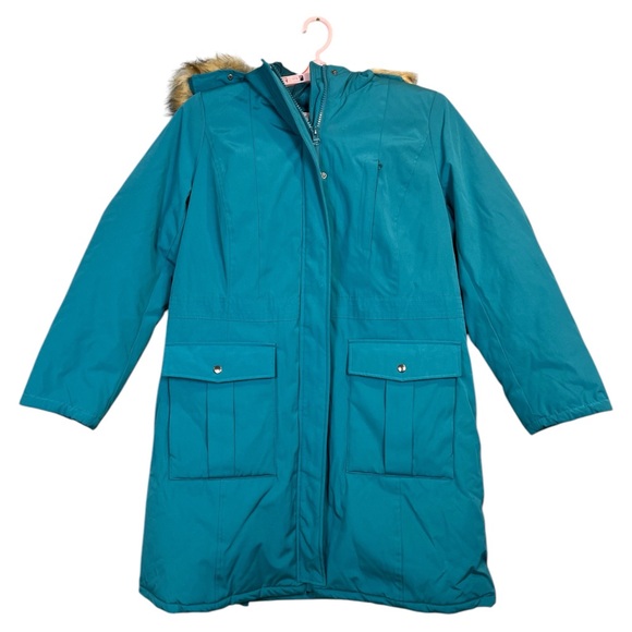 Woman Within The Artic Parka Knee Length Size M Teal Blue Down Insulation - Picture 1 of 11